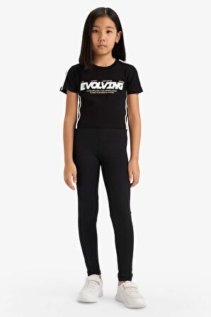 DeFacto Kız Çocuk Slim Fit Dar Kesim Bisiklet Yaka Baskılı Fitilli Kaşkorse Kısa Kollu Tişört E1898A825SMBK81