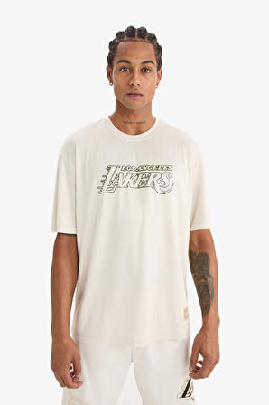 DeFactoFit NBA Los Angeles Lakers Oversize Geniş Kalıp Bisiklet Yaka Sırt Baskılı Kısa Kollu Tişört