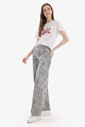 DeFacto Baggy Fit Gabardin Pantolon Yüksek Bel Leopar Desenli Standart Boy D8149AX25SPER223