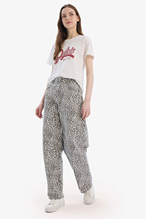 DeFacto Baggy Fit Gabardin Pantolon Yüksek Bel Leopar Desenli Standart Boy D8149AX25SPER223