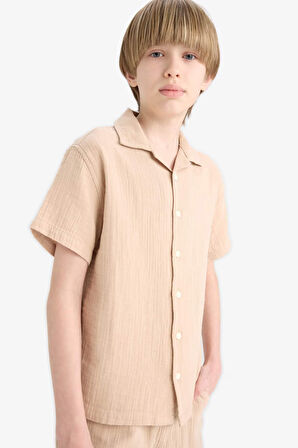 Erkek Çocuk Oversize Geniş Kalıp Polo Yaka Müslin Kısa Kollu Gömlek