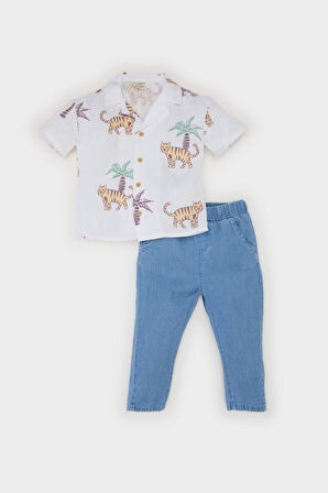 DeFacto Erkek Bebek 2'li Takım Desenli Flamlı Poplin Kısa Kollu Gömlek Beli Lastikli Jean Pantolon E7725A525SPER105