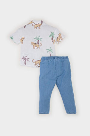 DeFacto Erkek Bebek 2'li Takım Desenli Flamlı Poplin Kısa Kollu Gömlek Beli Lastikli Jean Pantolon E7725A525SPER105