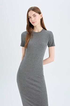 Bodycon Vücudu Saran Bisiklet Yaka Fitilli Kaşkorse Kısa Kollu Midi Elbise