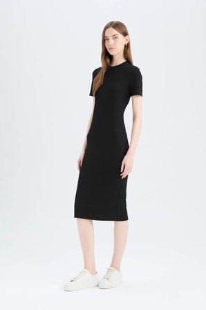 DeFacto Bodycon Vücudu Saran Basıc Fitilli Kaşkorse Midi Elbise E6926AX25SPBK81