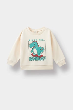 Defacto E9230A5ER42 Ekru Erkek Bebek Bisiklet Yaka Dinozor Baskılı İçi Yumuşak Tüylü Sweatshirt