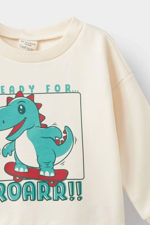 Defacto E9230A5ER42 Ekru Erkek Bebek Bisiklet Yaka Dinozor Baskılı İçi Yumuşak Tüylü Sweatshirt