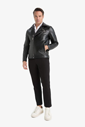 Slim Fit Dar Kesim Polo Yaka Astarlı Fermuarlı Suni Deri Mont