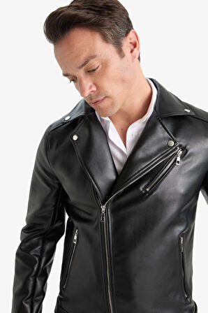 Slim Fit Dar Kesim Polo Yaka Astarlı Fermuarlı Suni Deri Mont