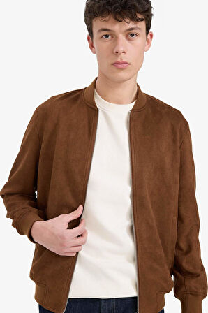 Slim Fit Dar Kesim Kolej Yaka Fermuarlı Süet Bomber Mont