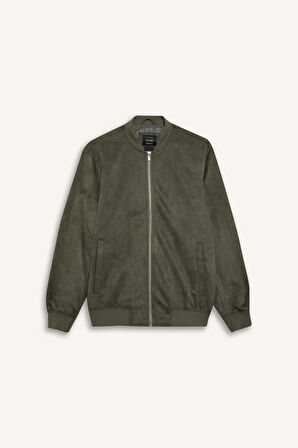 Slim Fit Dar Kesim Kolej Yaka Fermuarlı Süet Bomber Mont