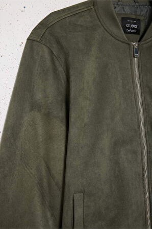 Slim Fit Dar Kesim Kolej Yaka Fermuarlı Süet Bomber Mont