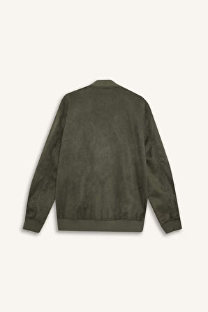 Slim Fit Dar Kesim Kolej Yaka Fermuarlı Süet Bomber Mont