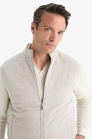 Slim Fit Dar Kesim Dik Yaka Fermuarlı Süet Yelek