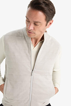 Slim Fit Dar Kesim Dik Yaka Fermuarlı Süet Yelek