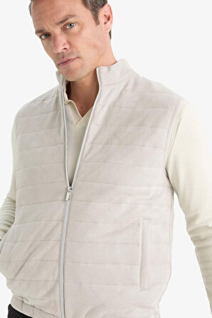 Slim Fit Dar Kesim Dik Yaka Fermuarlı Süet Yelek