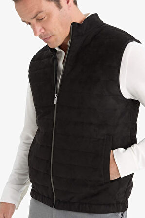 Slim Fit Dar Kesim Dik Yaka Fermuarlı Süet Yelek