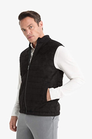 Slim Fit Dar Kesim Dik Yaka Fermuarlı Süet Yelek