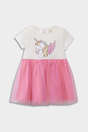 Kız Bebek Unicorn Baskılı Kısa Kollu Yazlık Tül Elbise