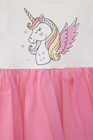 Kız Bebek Unicorn Baskılı Kısa Kollu Yazlık Tül Elbise