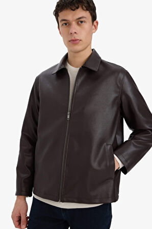 Regular Fit Gömlek Yaka Fermuarlı Suni Deri Ceket Mont