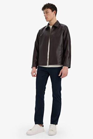 Regular Fit Gömlek Yaka Fermuarlı Suni Deri Ceket Mont