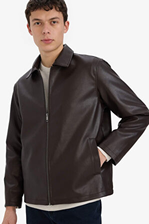 Regular Fit Gömlek Yaka Fermuarlı Suni Deri Ceket Mont