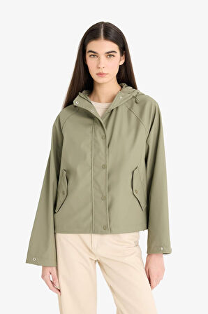 Regular Fit Kapüşonlu Suni Deri Yağmurluk