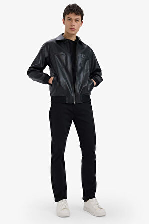 Regular Fit Gömlek Yaka Fermuarlı Suni Deri Ceket Mont