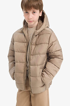 Erkek Çocuk Su Geçirmez Kapüşonlu Fermuarlı Şişme Mont