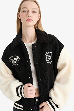 Defacto E9837 Siyah Coool Oversize Geniş Kalıp Polo Yaka Pelüş Bomber Ceket