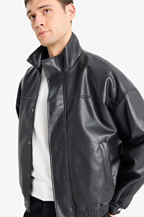 Su Geçirmez Oversize Geniş Kalıp Dik Yaka Suni Deri Mont