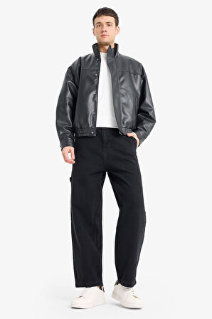 Su İtici Oversize Geniş Kalıp Dik Yaka Suni Deri Mont