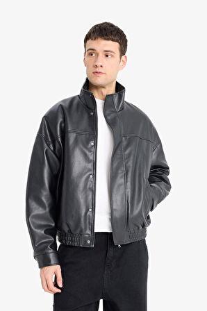 Su İtici Oversize Geniş Kalıp Dik Yaka Suni Deri Mont