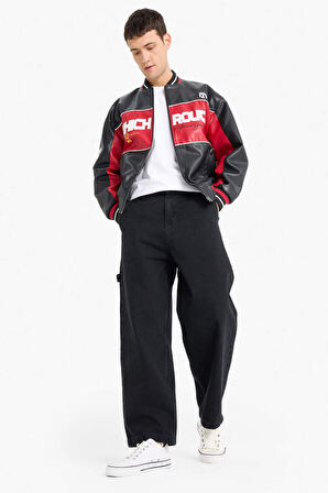 Oversize Geniş Kalıp Kolej Yaka Bomber Fermuarlı Suni Deri Mont