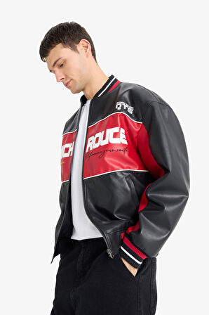 Oversize Geniş Kalıp Kolej Yaka Bomber Fermuarlı Suni Deri Mont