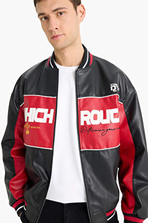 Oversize Geniş Kalıp Kolej Yaka Bomber Fermuarlı Suni Deri Mont