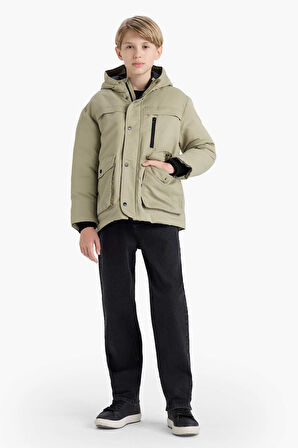 Erkek Çocuk Su Geçirmez Kapüşonlu Fermuarlı Çıtçıtlı Mont