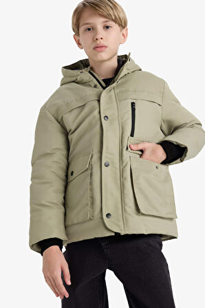 Erkek Çocuk Su Geçirmez Kapüşonlu Fermuarlı Çıtçıtlı Mont