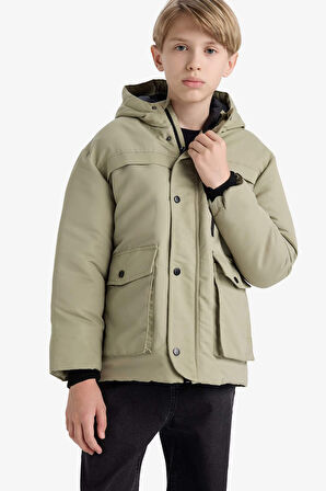 Erkek Çocuk Su Geçirmez Kapüşonlu Fermuarlı Çıtçıtlı Mont