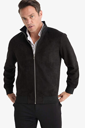 Slim Fit Dar Kesim Dik Yaka Fermuarlı Süet Mont