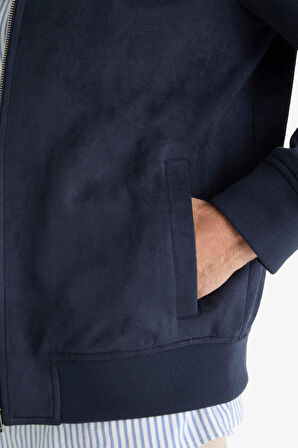 Slim Fit Dar Kesim Dik Yaka Fermuarlı Süet Mont