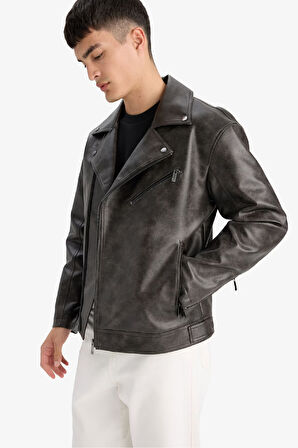 Slim Fit Dar Kesim Polo Yaka Fermuarlı Suni Deri Mont