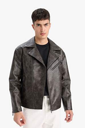 Slim Fit Dar Kesim Polo Yaka Fermuarlı Suni Deri Mont