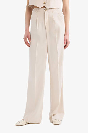 Wide Leg Keten Karışımlı Dokuma Pantolon Yüksek Bel Geniş Bol Paça Pensli Cepli 