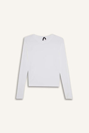 Slim Fit Dar Kesim Bisiklet Yaka Basic Düz Uzun Kollu Tişört