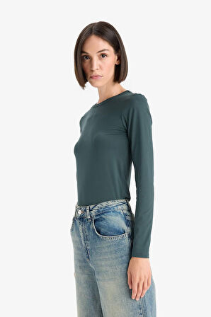 Slim Fit Dar Kesim Bisiklet Yaka Basic Düz Uzun Kollu Tişört