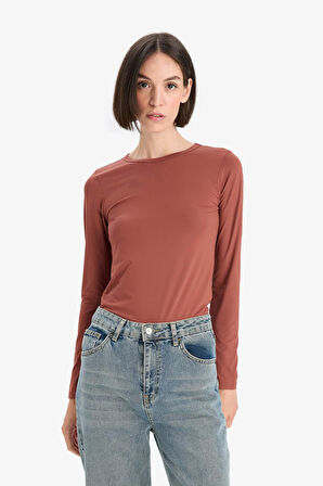 Slim Fit Dar Kesim Bisiklet Yaka Basic Düz Uzun Kollu Tişört