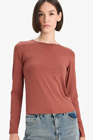 Slim Fit Dar Kesim Bisiklet Yaka Basic Düz Uzun Kollu Tişört