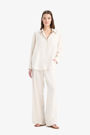 DeFacto Keten Karışımlı Pantolon Wide Leg Basıc Çift Cepli Yüksek Bel Standart Boy C6021AX25SPBG286